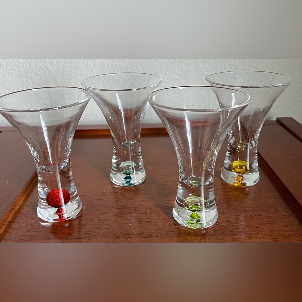 Set of 4 Handblown Art Deco Shot Glass Set with Bubble-art Color Accents